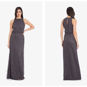 Adrianna Pappell Floor-length Beaded Halter dress in gunmetal, size 4